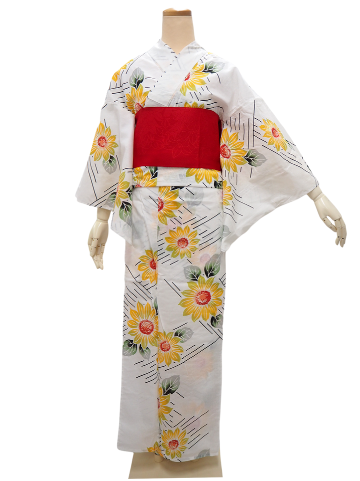 Women's Yukata Coordinate Set of 3 For Beginners : White Yukata & Red Obi