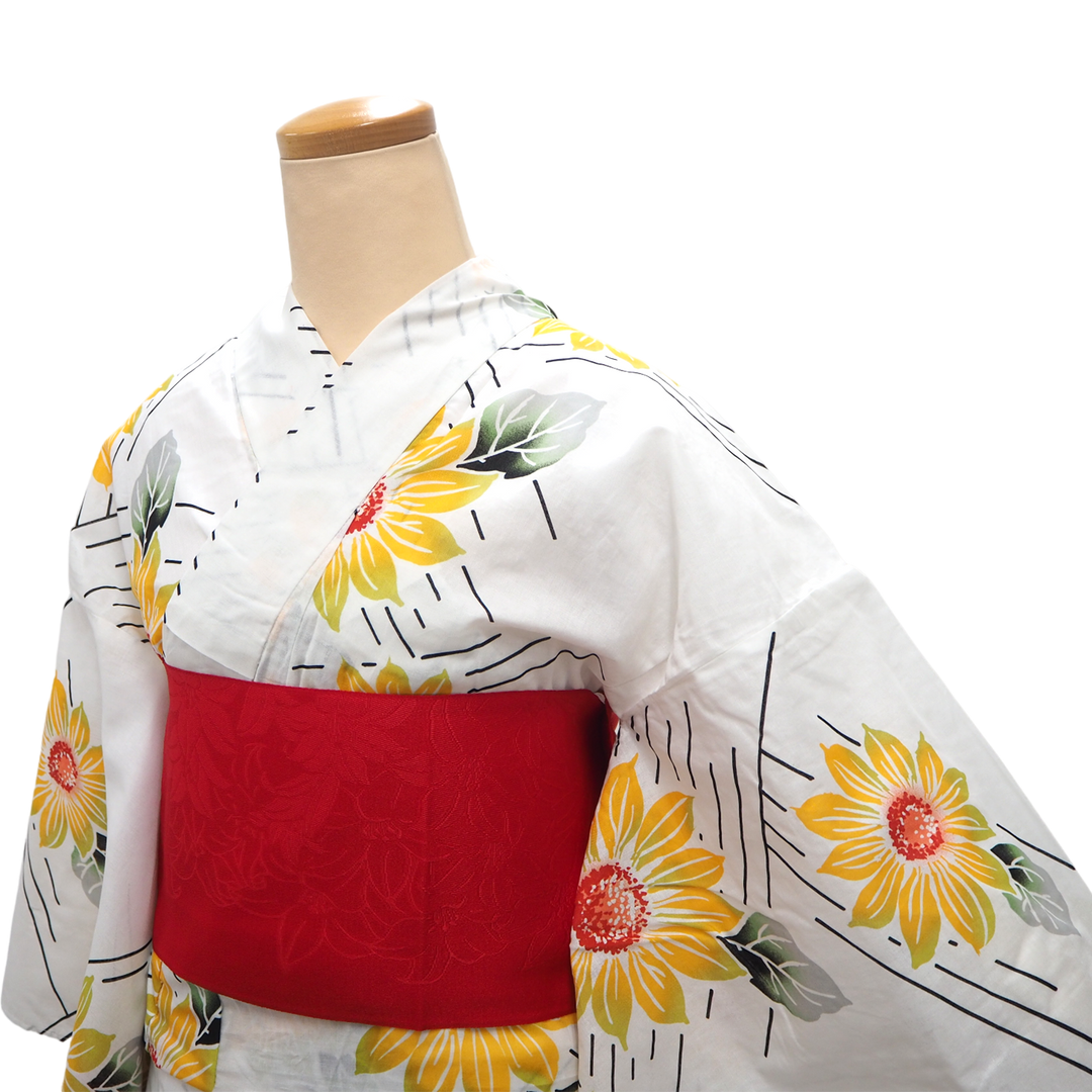 Women's Yukata Coordinate Set of 3 For Beginners : White Yukata & Red Obi