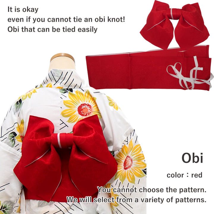 Women's Yukata Coordinate Set of 3 For Beginners : White Yukata & Red Obi