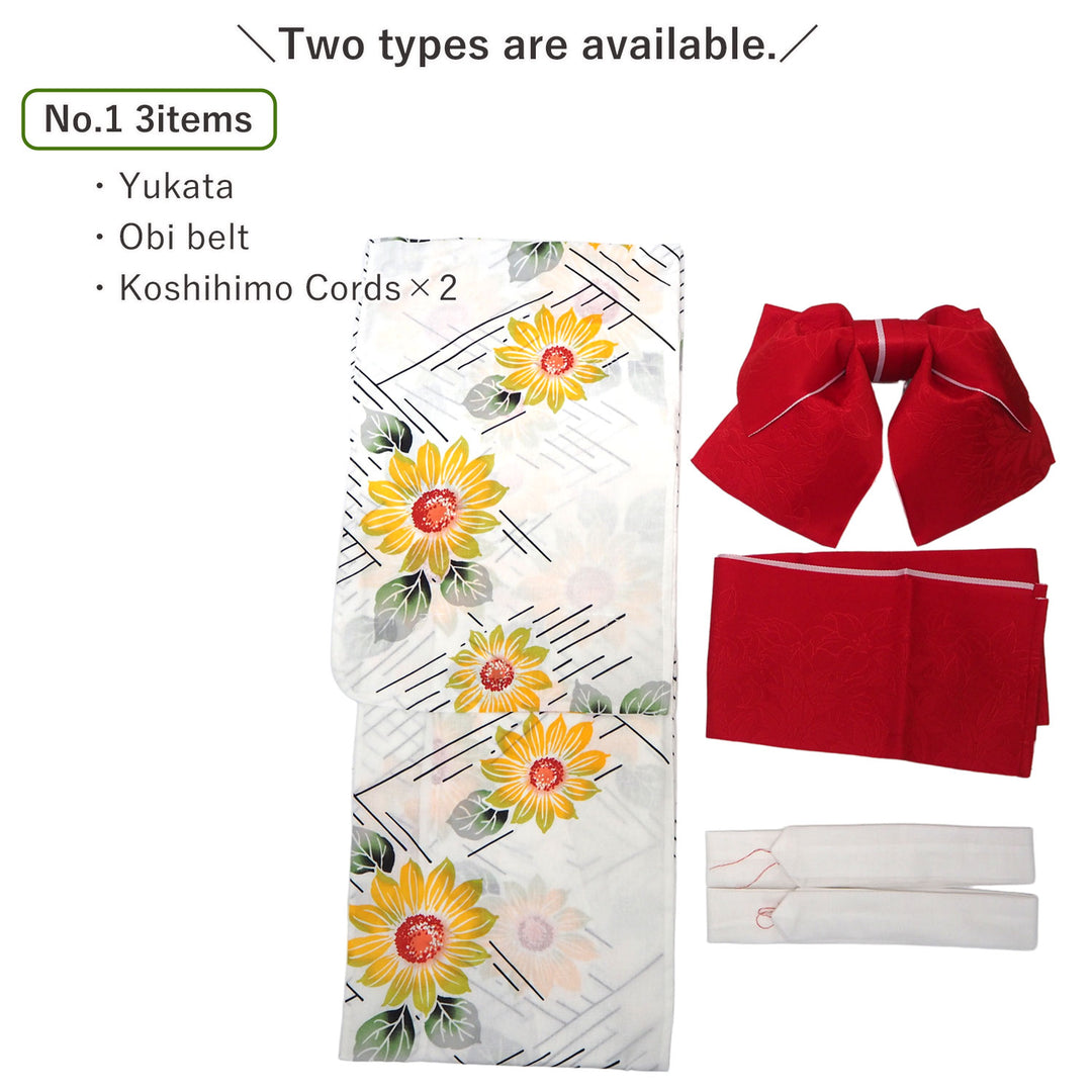 Women's Yukata Coordinate Set of 3 For Beginners : White Yukata & Red Obi