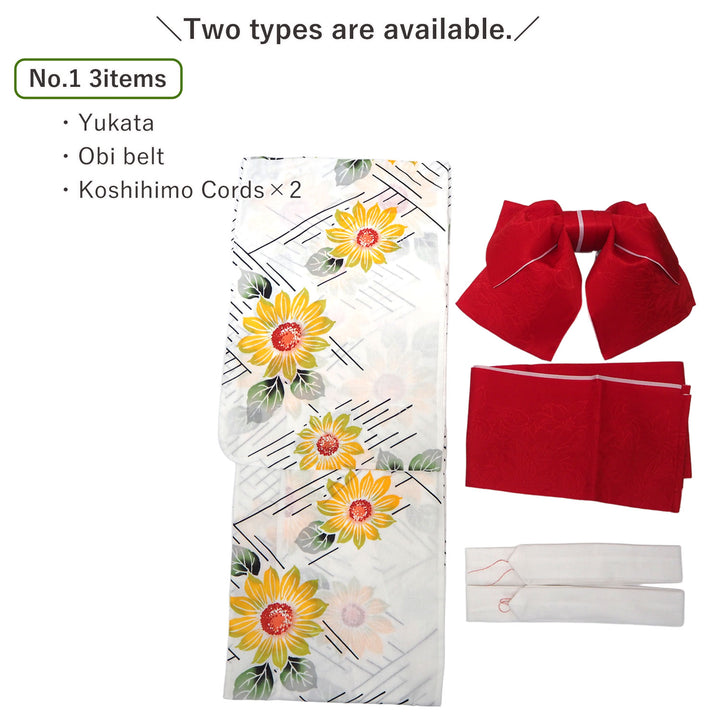 Women's Yukata Coordinate Set of 3 For Beginners : White Yukata & Red Obi