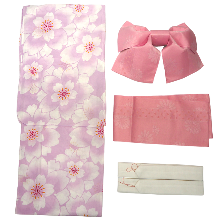 Women's Yukata Coordinate Set of 3 For Beginners : Purple Yukata & Pink Obi