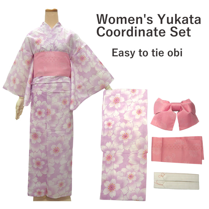 Women's Yukata Coordinate Set of 3 For Beginners : Purple Yukata & Pink Obi