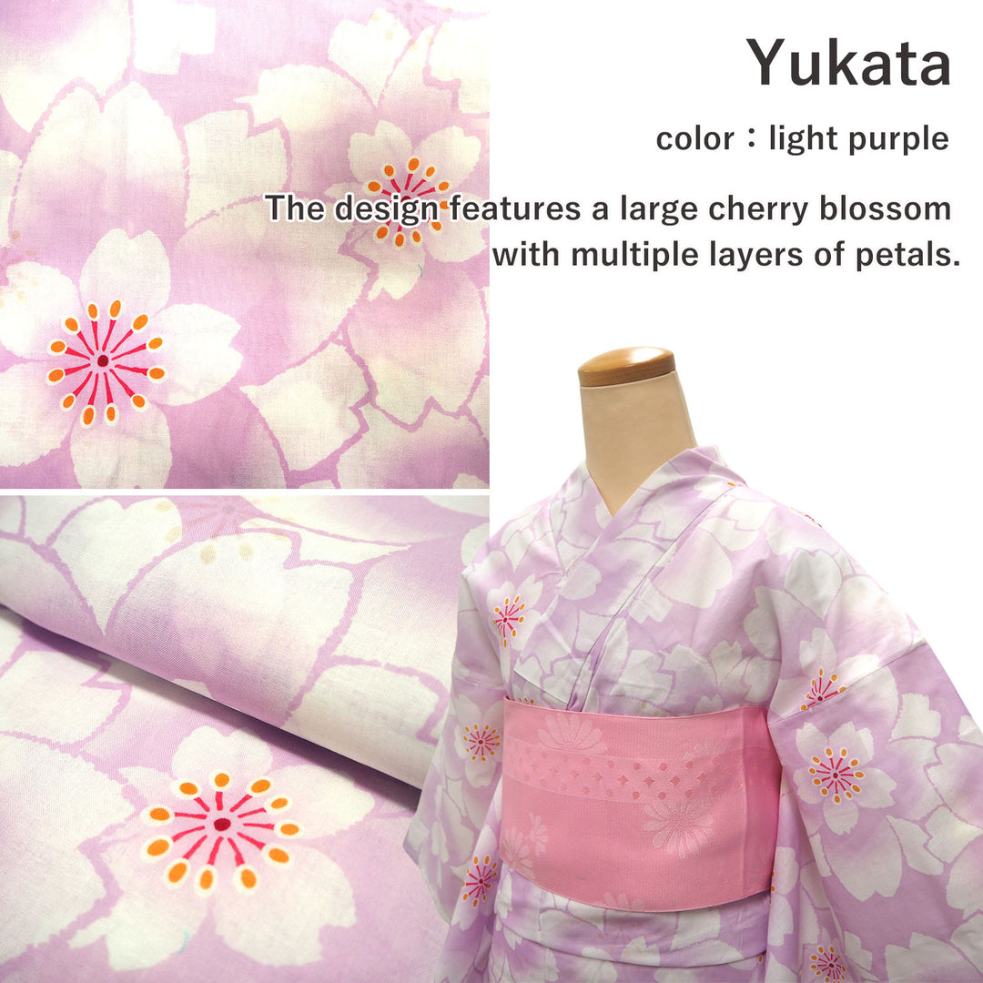 Women's Yukata Coordinate Set of 3 For Beginners : Purple Yukata & Pink Obi