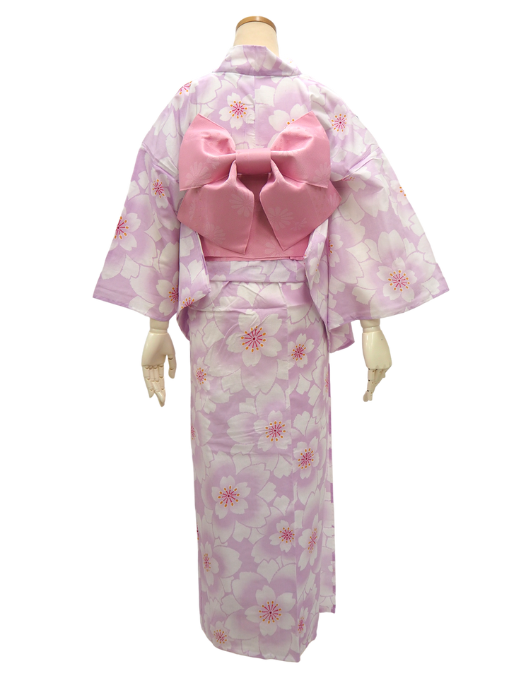 Women's Yukata Coordinate Set of 3 For Beginners : Purple Yukata & Pink Obi