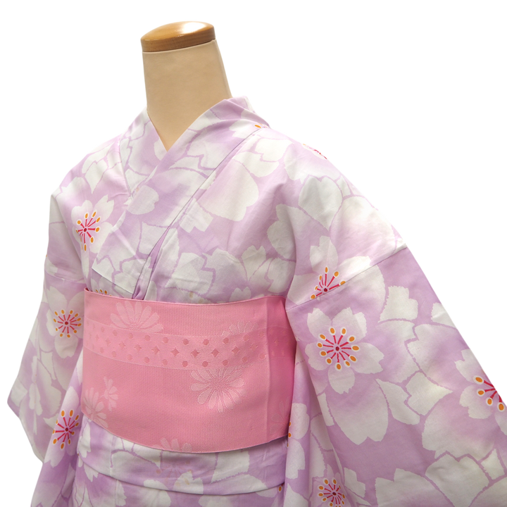 Women's Yukata Coordinate Set of 3 For Beginners : Purple Yukata & Pink Obi