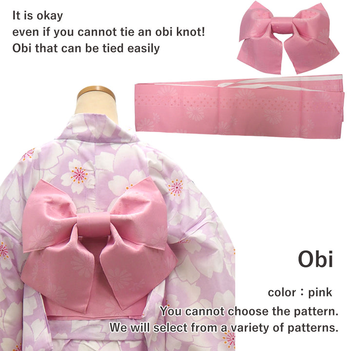 Women's Yukata Coordinate Set of 3 For Beginners : Purple Yukata & Pink Obi