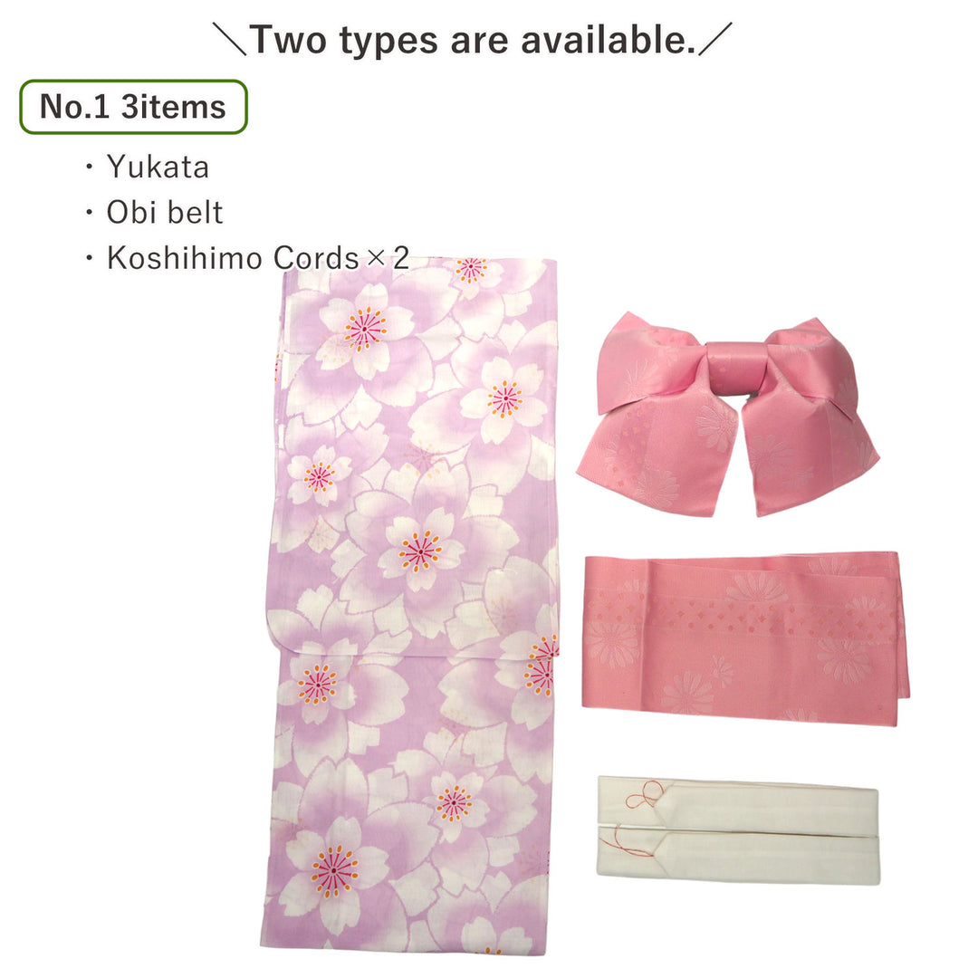 Women's Yukata Coordinate Set of 3 For Beginners : Purple Yukata & Pink Obi