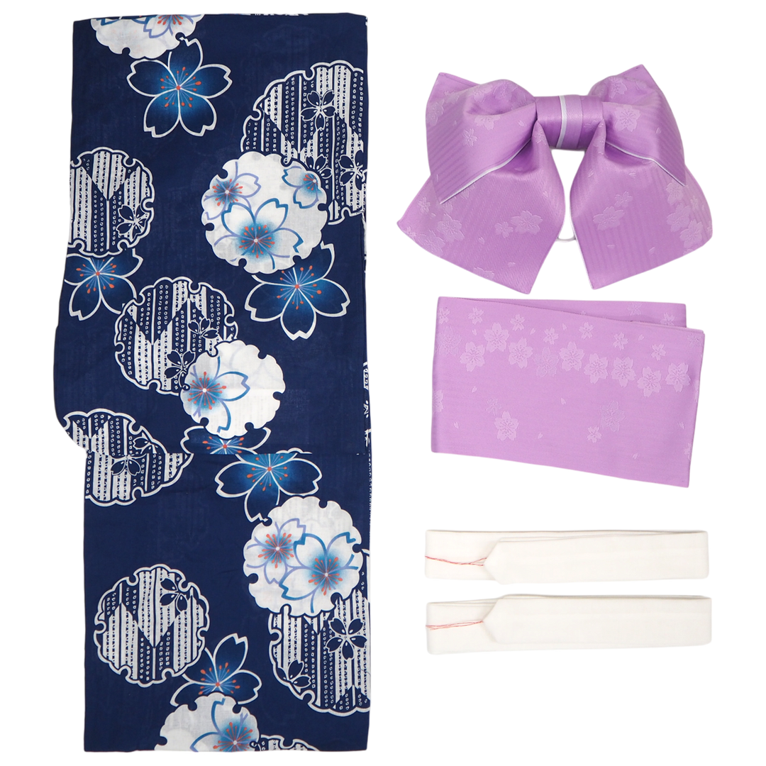 Women's Yukata Coordinate Set of 3 For Beginners : Navy Yukata & Light Purple Obi