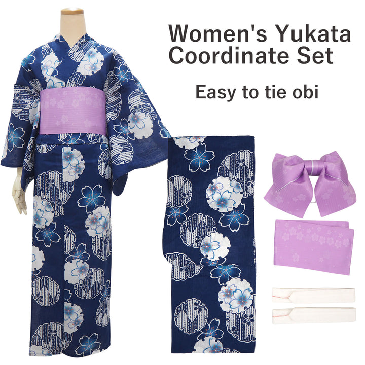 Women's Yukata Coordinate Set of 3 For Beginners : Navy Yukata & Light Purple Obi