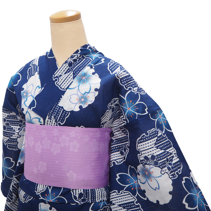 Women's Yukata Coordinate Set of 3 For Beginners : Navy Yukata & Light Purple Obi