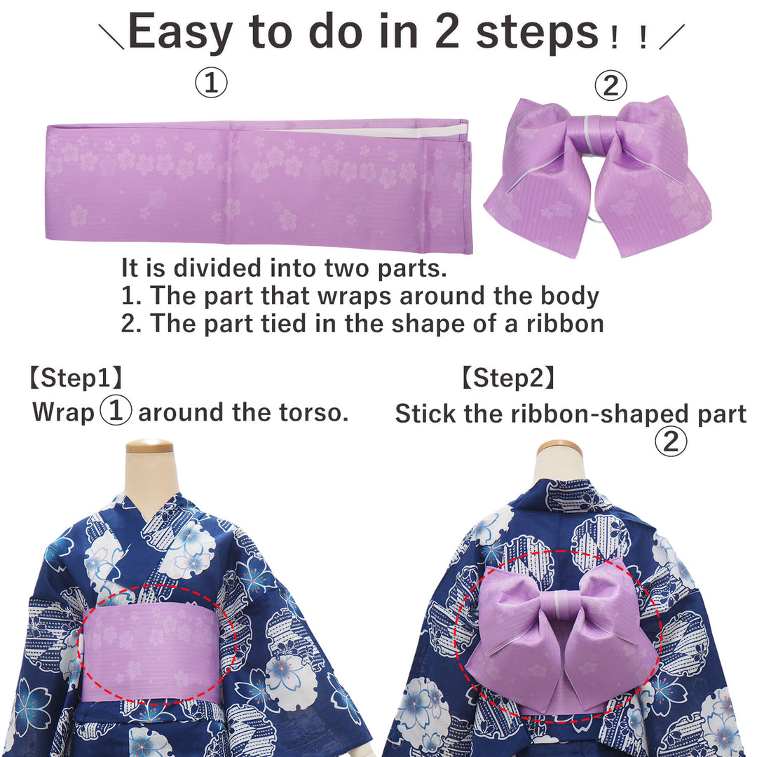 Women's Yukata Coordinate Set of 3 For Beginners : Navy Yukata & Light Purple Obi