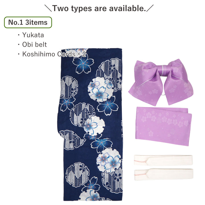 Women's Yukata Coordinate Set of 3 For Beginners : Navy Yukata & Light Purple Obi