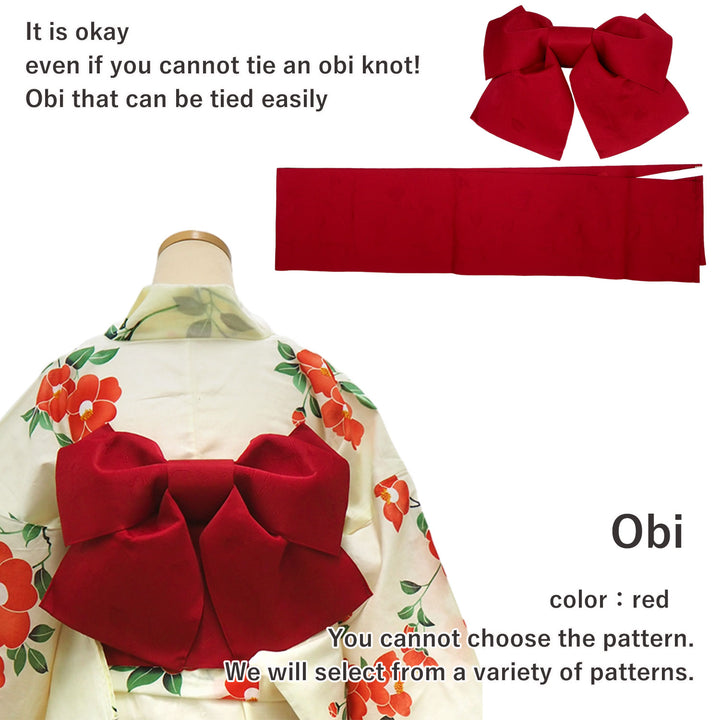 Women's Yukata Coordinate Set of 3 For Beginners : Cream Yukata & Red Obi