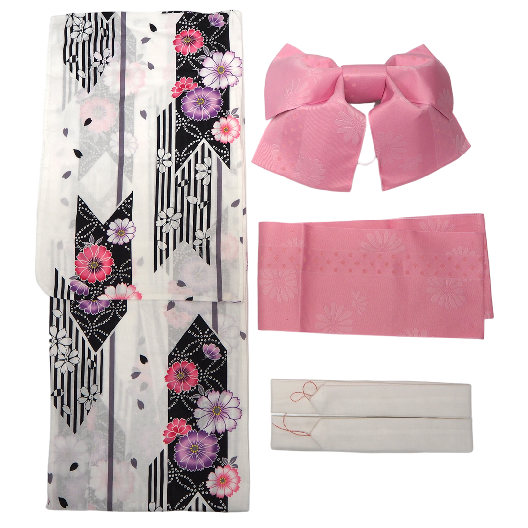 Women's Yukata Coordinate Set of 3 For Beginners : White Yukata & Pink Obi