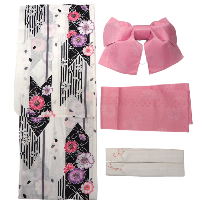 Women's Yukata Coordinate Set of 3 For Beginners : White Yukata & Pink Obi