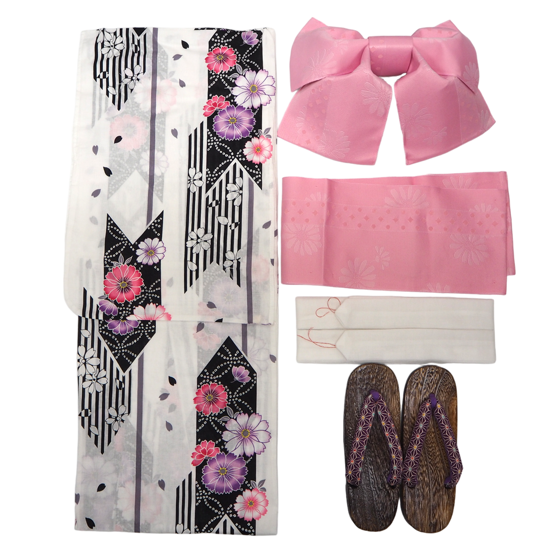 Women's Yukata Coordinate Set of 3 For Beginners : White Yukata & Pink Obi