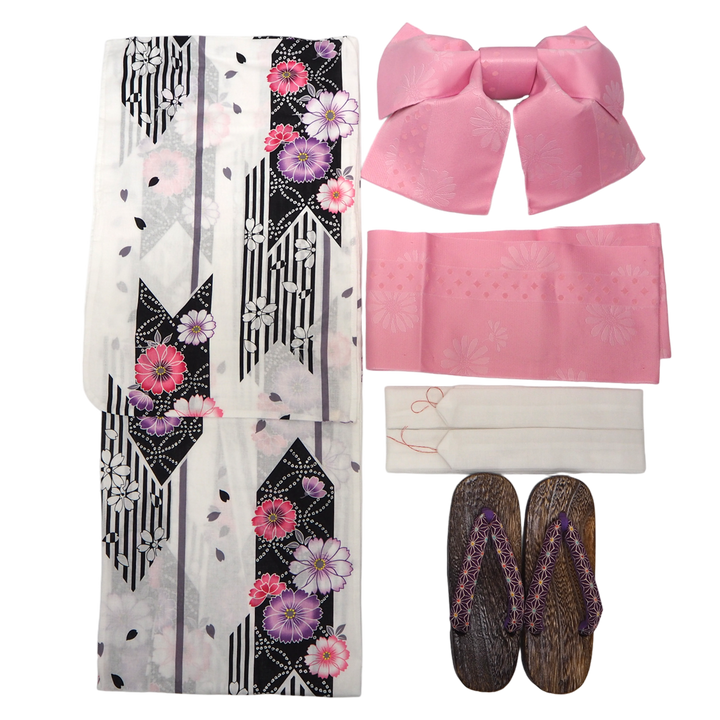 Women's Yukata Coordinate Set of 3 For Beginners : White Yukata & Pink Obi