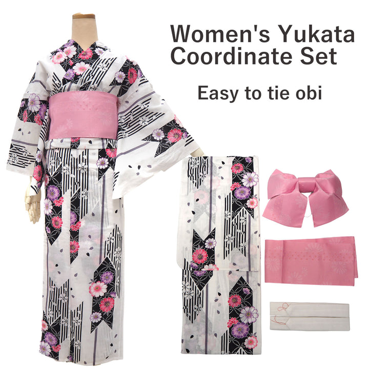 Women's Yukata Coordinate Set of 3 For Beginners : White Yukata & Pink Obi