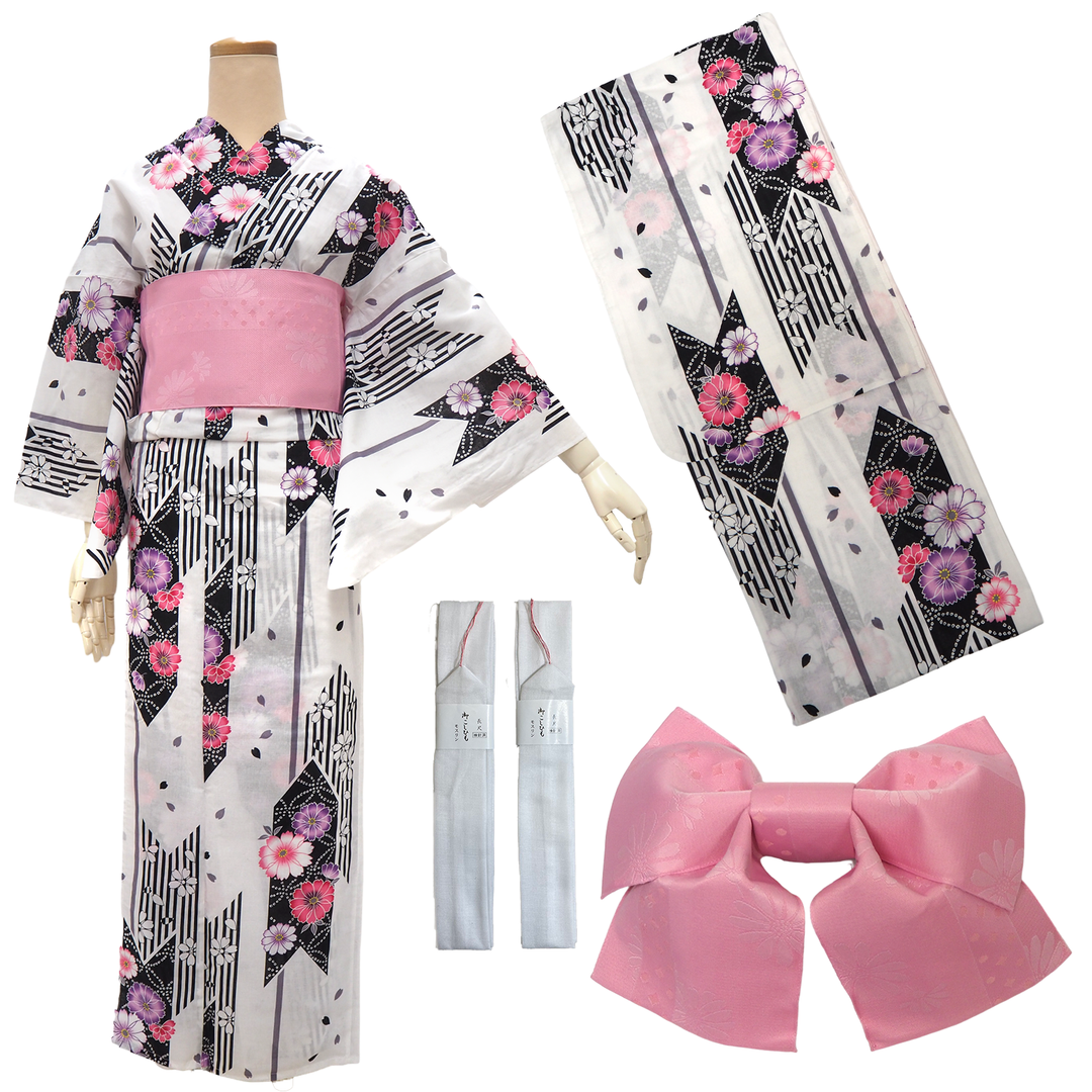 Women's Cotton Yukata Coordinate Set For Beginners : White Yukata Women's Cotton Yukata Coordinate Set For Beginners : White Yukata