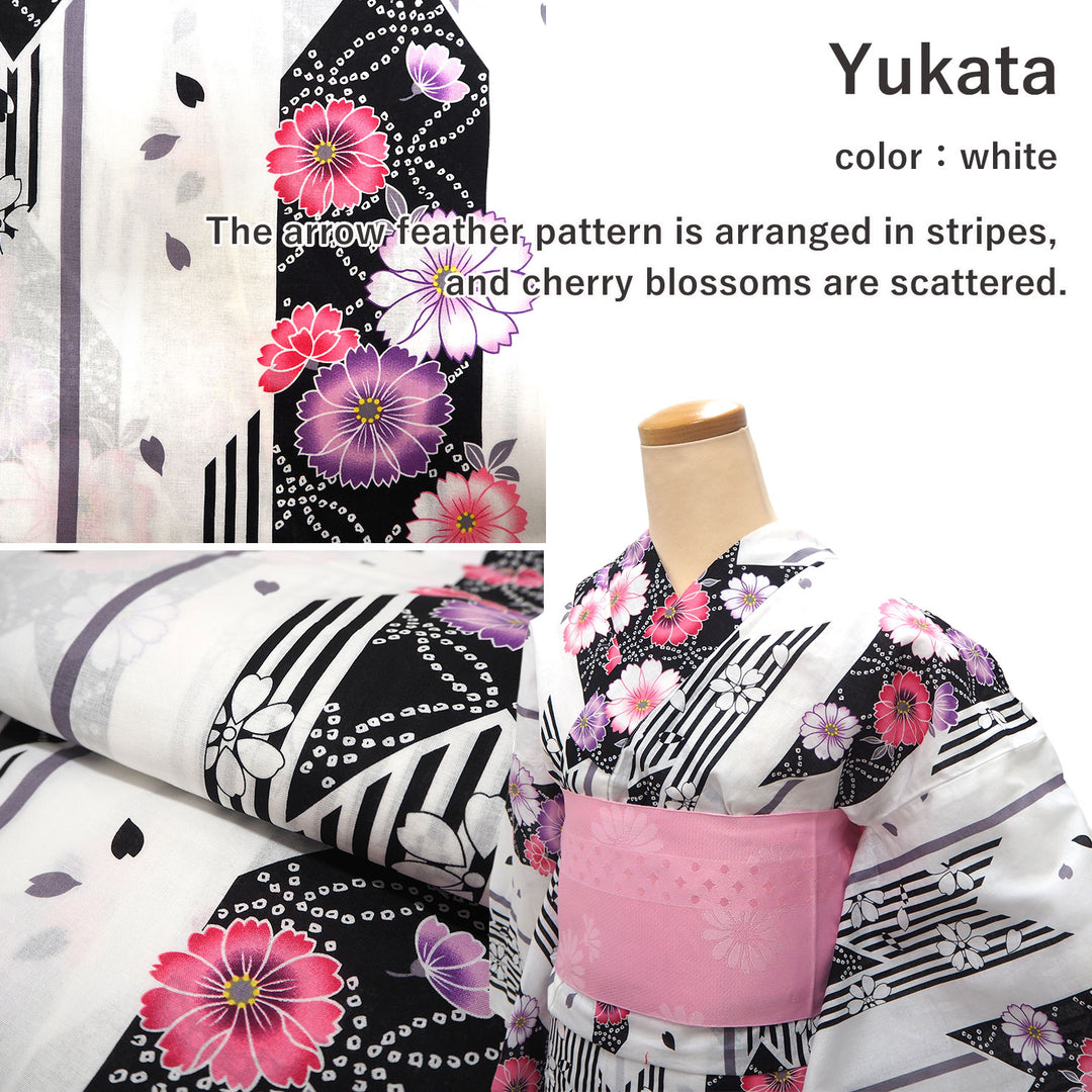 Women's Yukata Coordinate Set of 3 For Beginners : White Yukata & Pink Obi