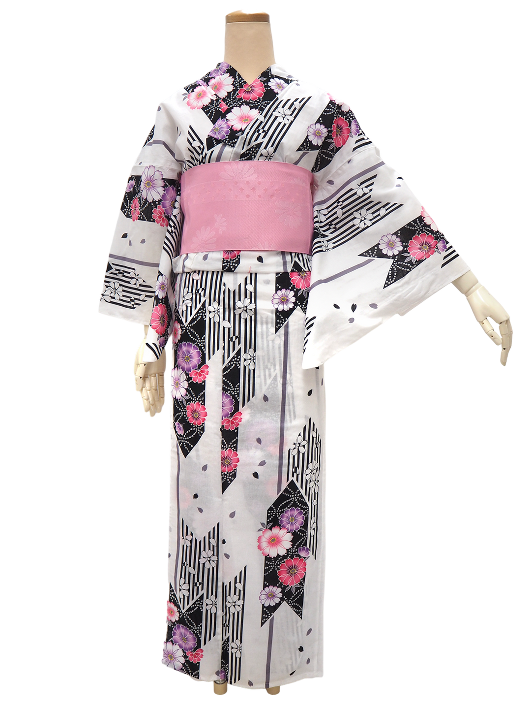 Women's Yukata Coordinate Set of 3 For Beginners : White Yukata & Pink Obi