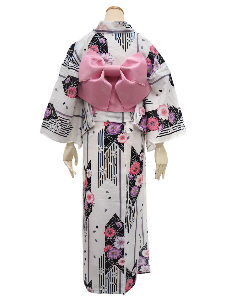 Women's Yukata Coordinate Set of 3 For Beginners : White Yukata & Pink Obi