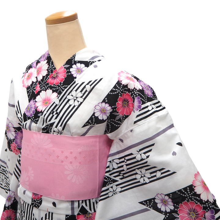 Women's Yukata Coordinate Set of 3 For Beginners : White Yukata & Pink Obi