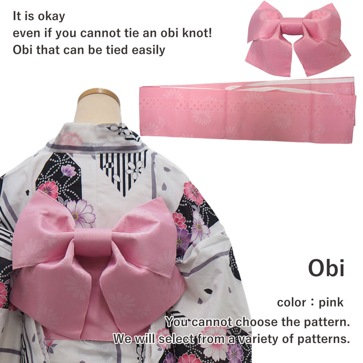 Women's Yukata Coordinate Set of 3 For Beginners : White Yukata & Pink Obi