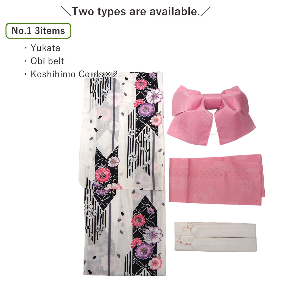 Women's Yukata Coordinate Set of 3 For Beginners : White Yukata & Pink Obi