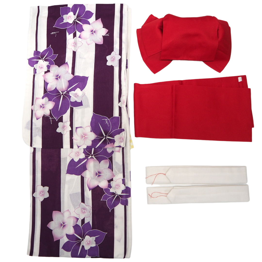 Women's Yukata Coordinate Set of 3 For Beginners : White Yukata & Red Obi