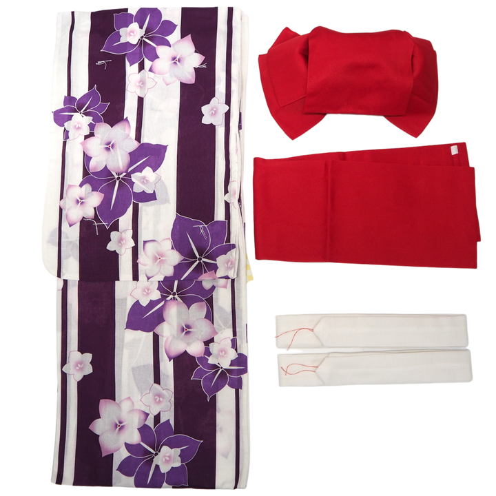 Women's Yukata Coordinate Set of 3 For Beginners : White Yukata & Red Obi