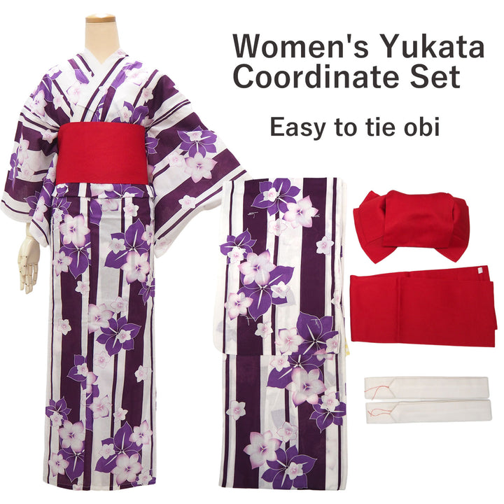 Women's Yukata Coordinate Set of 3 For Beginners : White Yukata & Red Obi