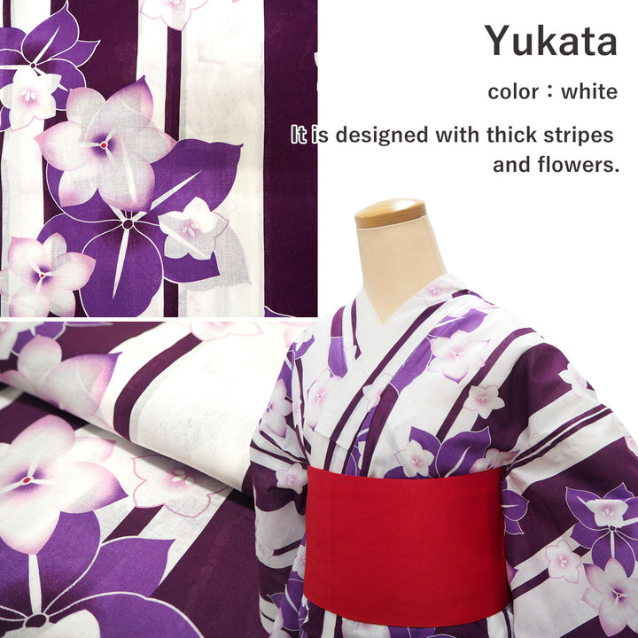 Women's Yukata Coordinate Set of 3 For Beginners : White Yukata & Red Obi