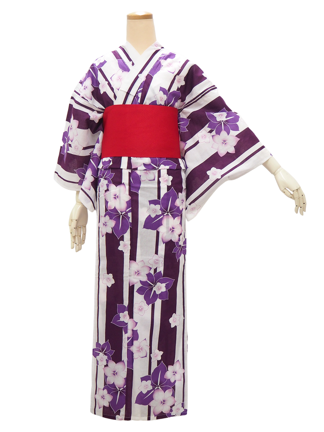 Women's Yukata Coordinate Set of 3 For Beginners : White Yukata & Red Obi