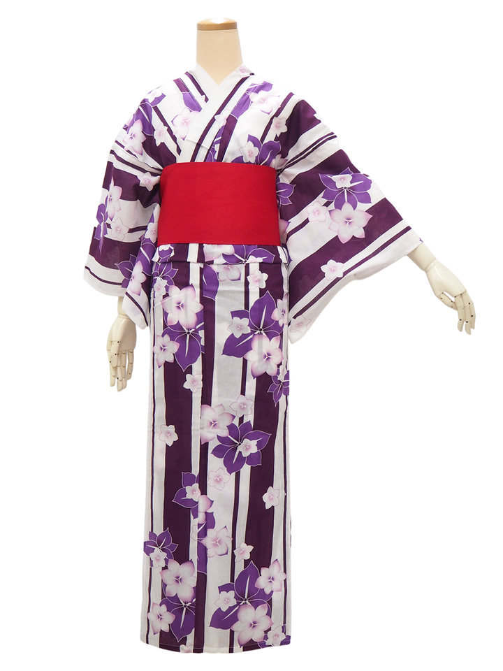 Women's Yukata Coordinate Set of 3 For Beginners : White Yukata & Red Obi