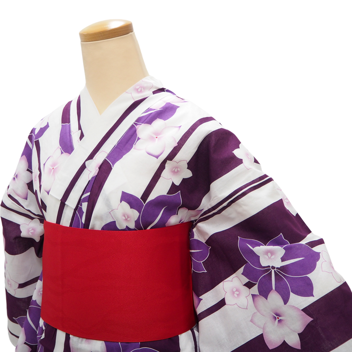 Women's Yukata Coordinate Set of 3 For Beginners : White Yukata & Red Obi