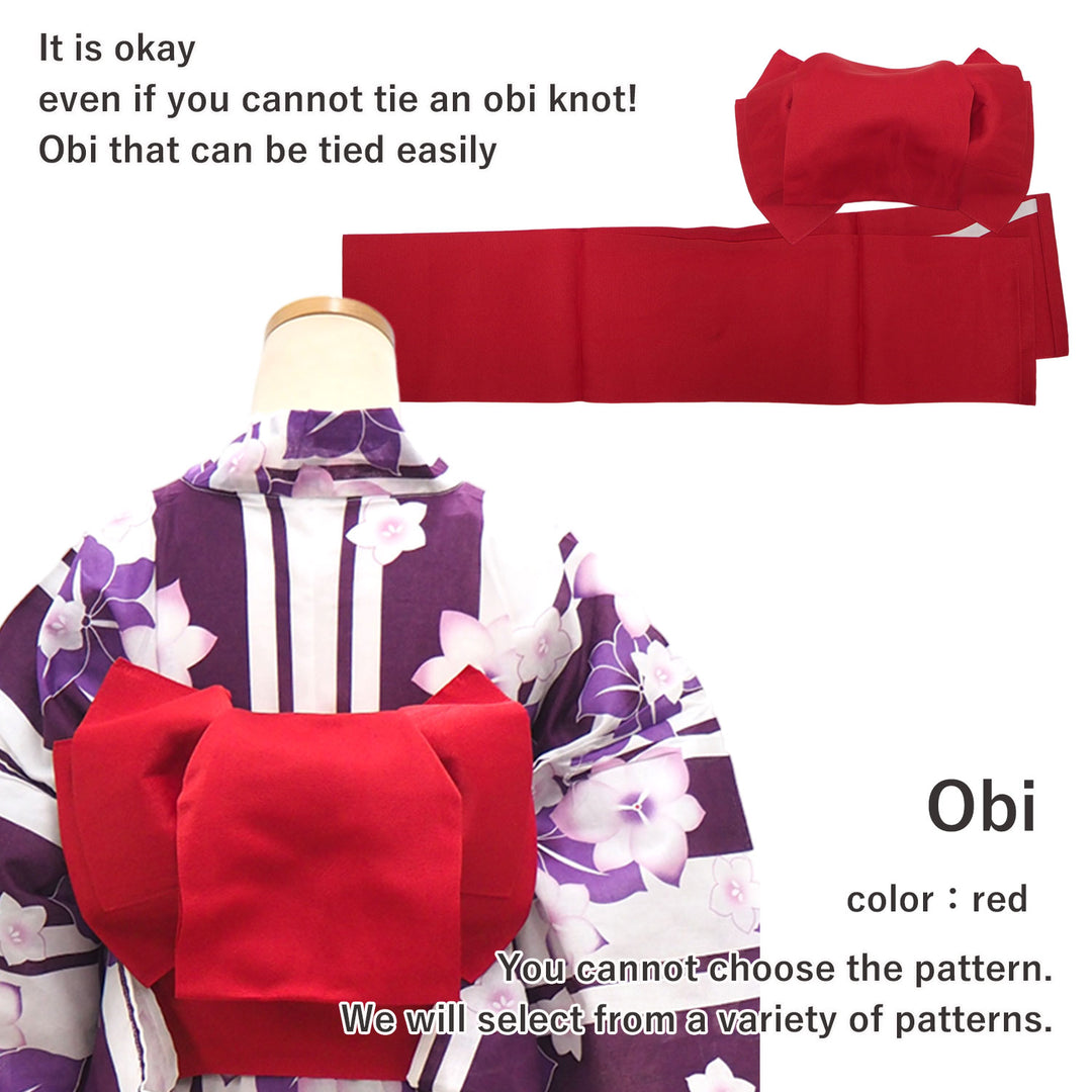 Women's Yukata Coordinate Set of 3 For Beginners : White Yukata & Red Obi