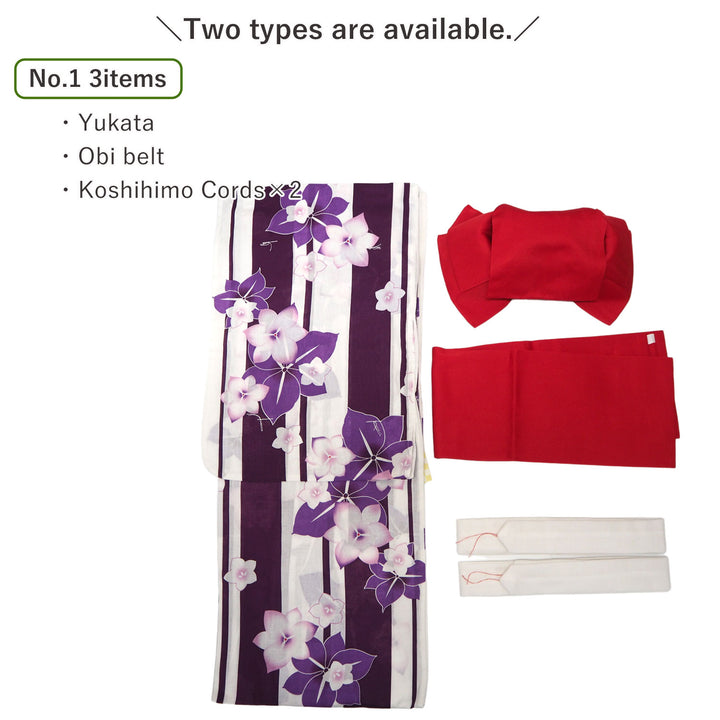 Women's Yukata Coordinate Set of 3 For Beginners : White Yukata & Red Obi