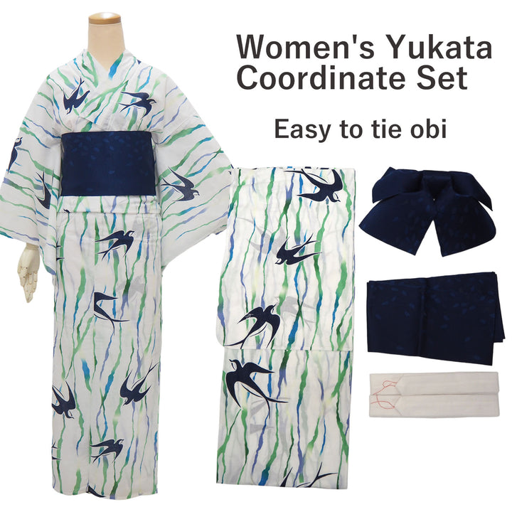 Women's Yukata Coordinate Set of 3 For Beginners : White Yukata & Navy Obi