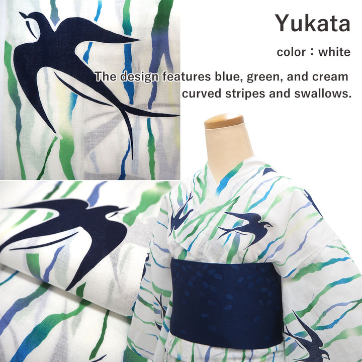 Women's Yukata Coordinate Set of 3 For Beginners : White Yukata & Navy Obi