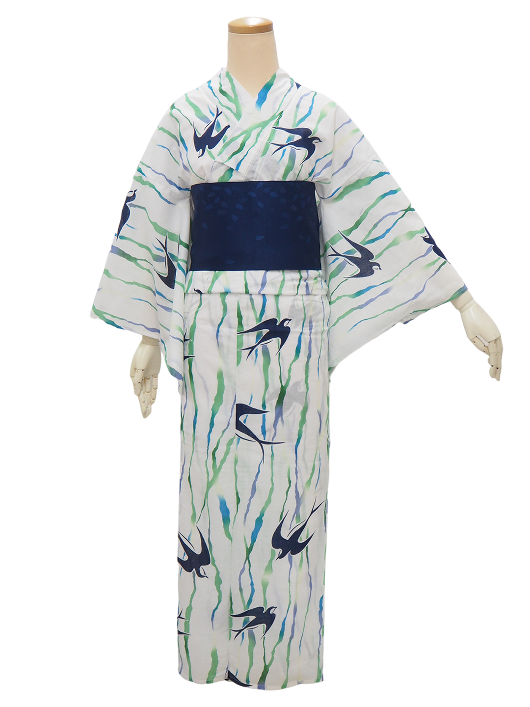 Women's Yukata Coordinate Set of 3 For Beginners : White Yukata & Navy Obi