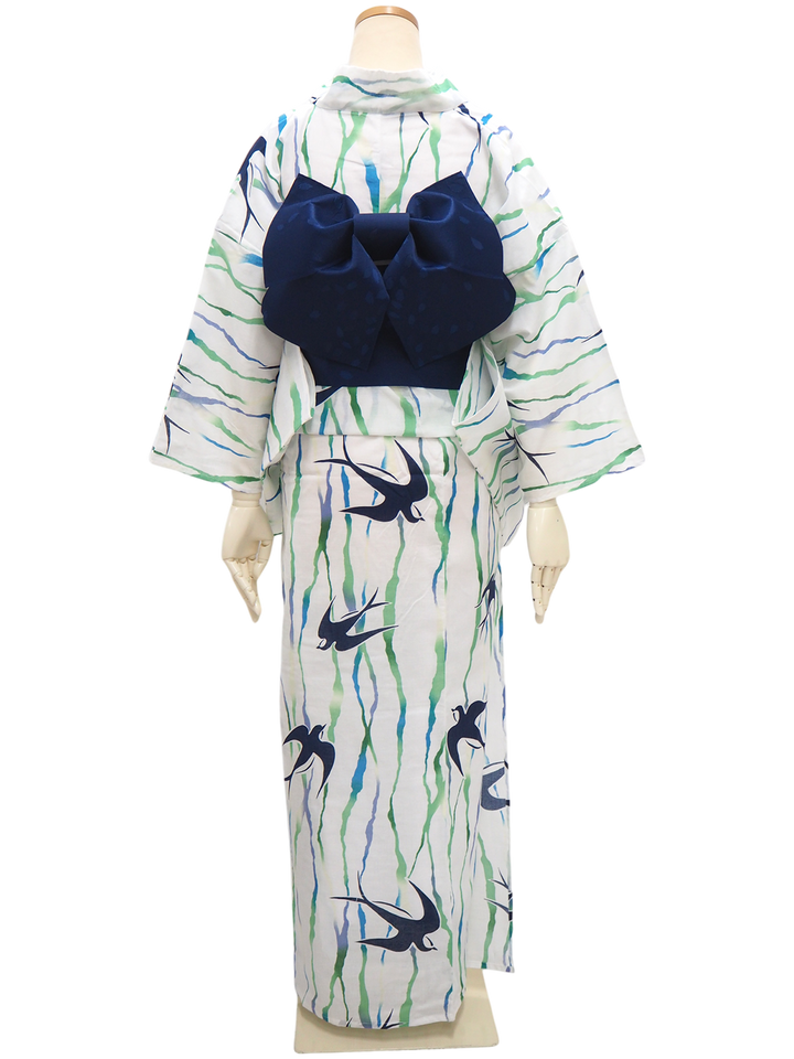 Women's Yukata Coordinate Set of 3 For Beginners : White Yukata & Navy Obi