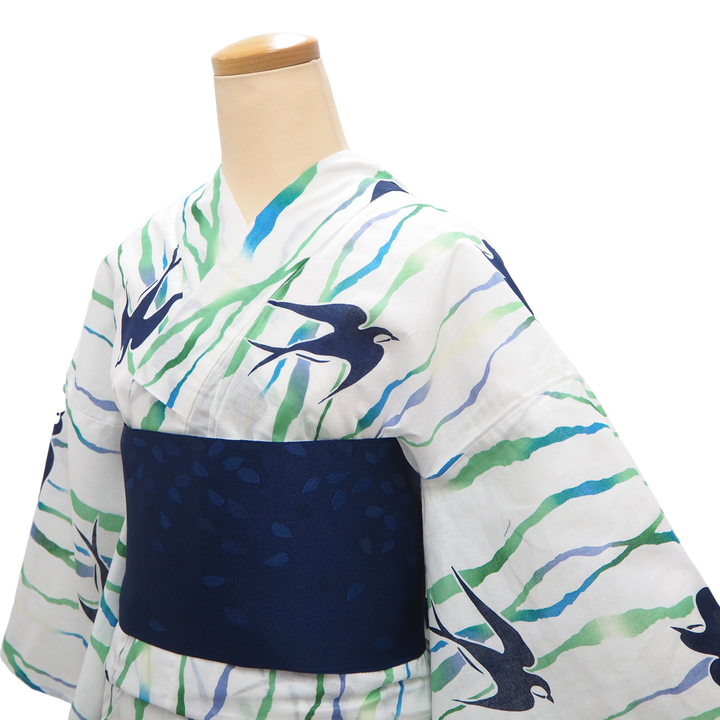 Women's Yukata Coordinate Set of 3 For Beginners : White Yukata & Navy Obi