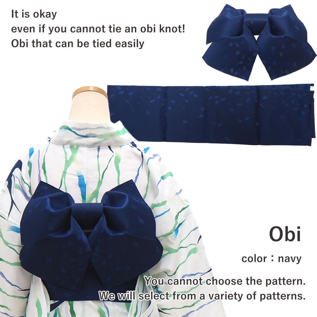 Women's Yukata Coordinate Set of 3 For Beginners : White Yukata & Navy Obi