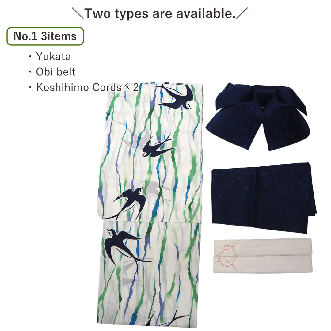 Women's Yukata Coordinate Set of 3 For Beginners : White Yukata & Navy Obi