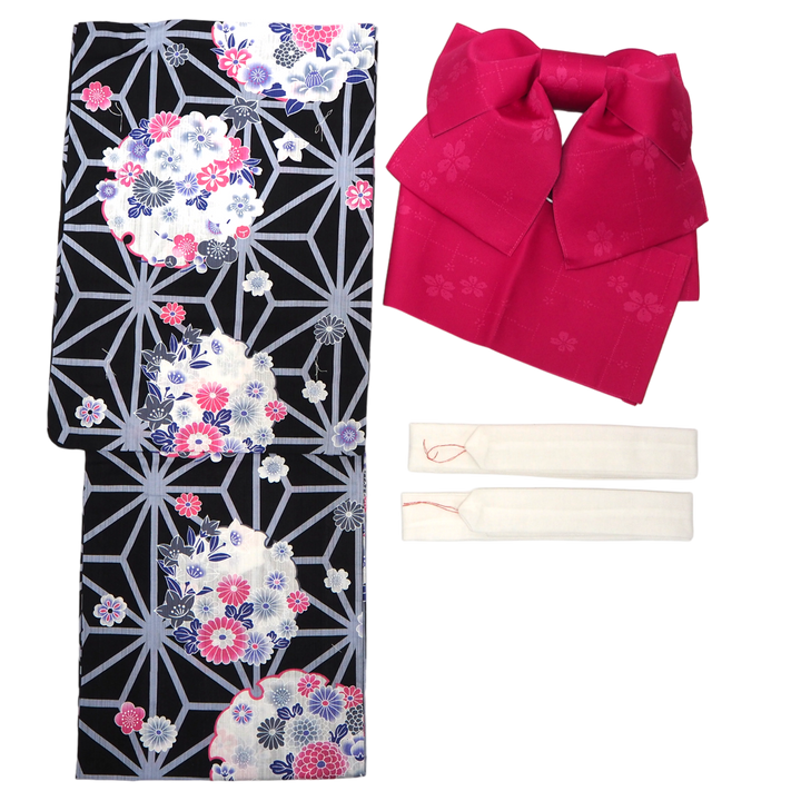 Women's Yukata Coordinate Set of 3 For Beginners : Black Yukata & Dark Pink Obi