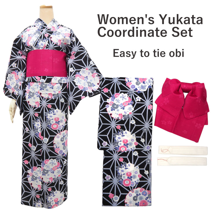 Women's Yukata Coordinate Set of 3 For Beginners : Black Yukata & Dark Pink Obi