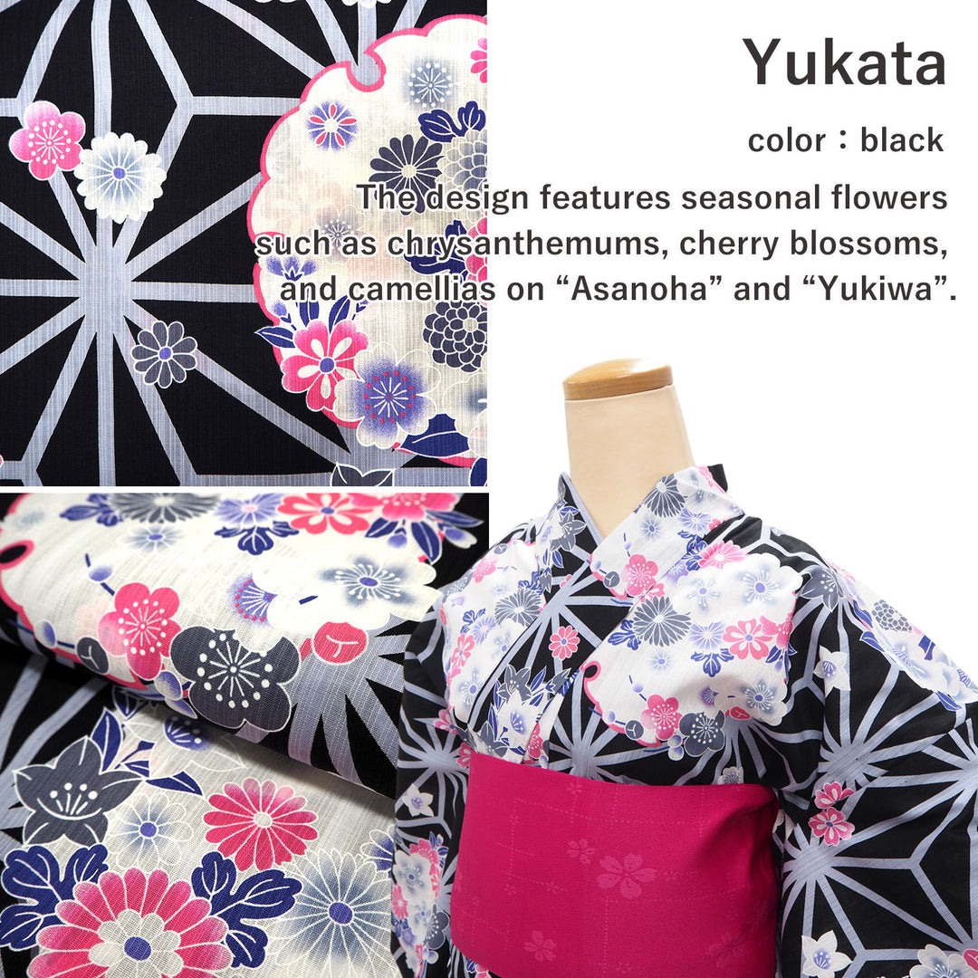 Women's Yukata Coordinate Set of 3 For Beginners : Black Yukata & Dark Pink Obi