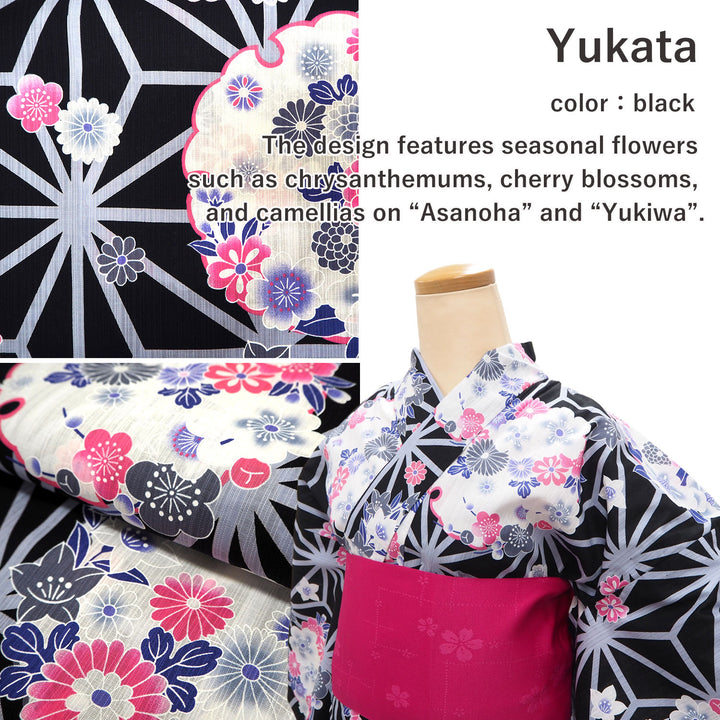 Women's Yukata Coordinate Set of 3 For Beginners : Black Yukata & Dark Pink Obi